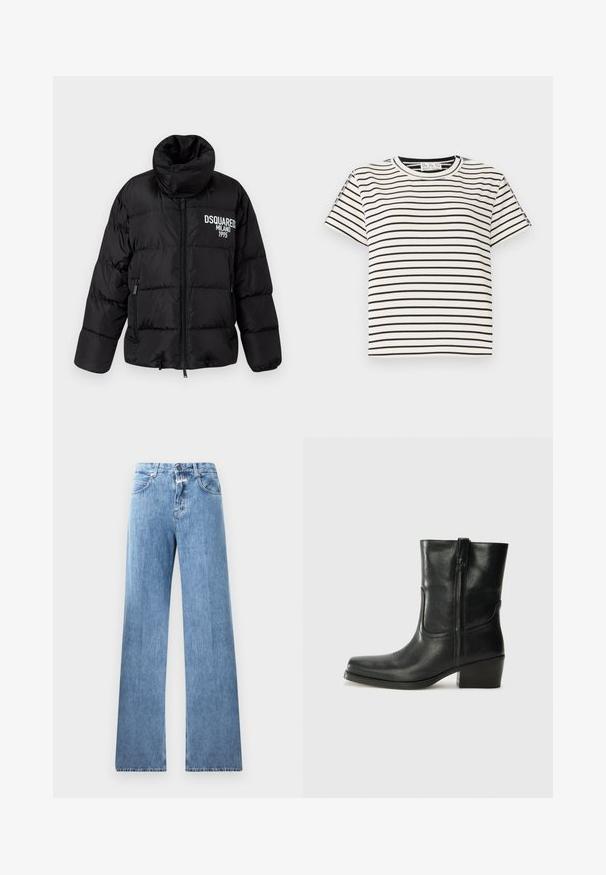 Doudoune noire avec col haut, fermeture éclair, deux poches latérales, et logo blanc "DSQUARED2 MILANO 1995" sur la poitrine. Texture lisse et brillante.; T-shirt en coton à manches courtes avec un col rond, présentant des rayures verticales noires sur un fond blanc et un design à coupe droite.; Jeans en denim bleu clair avec une coupe large, cinq poches, passants de ceinture et fermeture à bouton. Le tissu a une texture lisse.; Bottine en cuir noir avec un bout rond, un talon carré, une fermeture éclair sur le côté et des coutures décoratives sur l'empeigne. Texture lisse, design classique.
