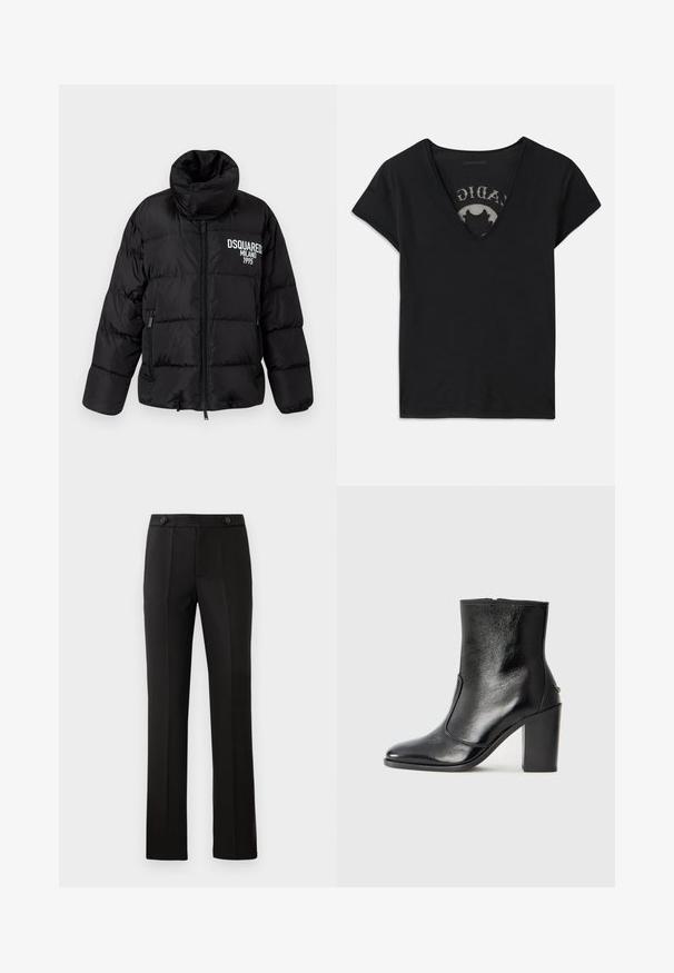 Sort pufferjakke med høj krave, lynlåslukning, to sidelommer og hvid "DSQUARED2 MILANO 1995" logo på brystet. Glat, skinnende tekstur.; Sort kortærmet t-shirt med en dyb V-udskæring, der har en mesh-panel og trykt design på det indre lag. Blødt og åndbart stof.; Sorte skræddersyede bukser med lige ben, to frontlommer, knaplukning og plissé detaljer foran. Glat stofstruktur.; Sorte læder ankelstøvler med en glat overflade, spids tå og en chunky høj hæl. Har en sidelukning og minimalistisk design.