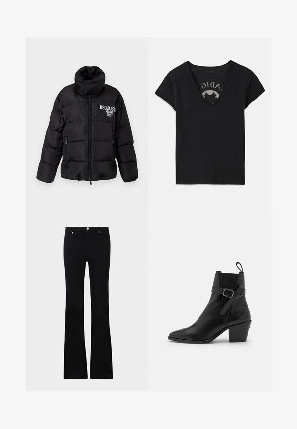 Zwarte pufferjack met hoge kraag, ritssluiting, twee zijzakken en wit "DSQUARED2 MILANO 1995" logo op de borst. Glad, glanzend materiaal.; Zwarte t-shirt met korte mouwen en een diepe V-hals, met een mesh paneel en een gedrukt ontwerp op de binnenlaag. Zachte, ademende stof.; Zwarte flared jeans van denim, met twee voorzakken, een knoopsluiting en een gladde textuur. Kenmerkende stiksels zichtbaar bij de naden.; Zwarte leren enkelboots met een spitse neus, blokhak en zijgespilde detail. Beschikt over een gladde textuur en een trekriem aan de achterkant.