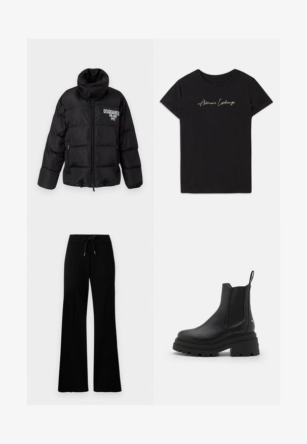Doudoune noire avec col haut, fermeture éclair, deux poches latérales, et logo blanc "DSQUARED2 MILANO 1995" sur la poitrine. Texture lisse et brillante.; T-shirt en coton noir avec des manches courtes et un col rond, orné d'un logo en cursive "Armani Exchange" en blanc.; Pantalons de survêtement larges noirs avec une taille à cordon, des accents fendus sur le côté, en tissu doux et avec un design épuré.; Bottines Chelsea noires en cuir lisse avec des panneaux latéraux élastiques, une semelle en caoutchouc épaisse et nervurée, et une languette à l'arrière.