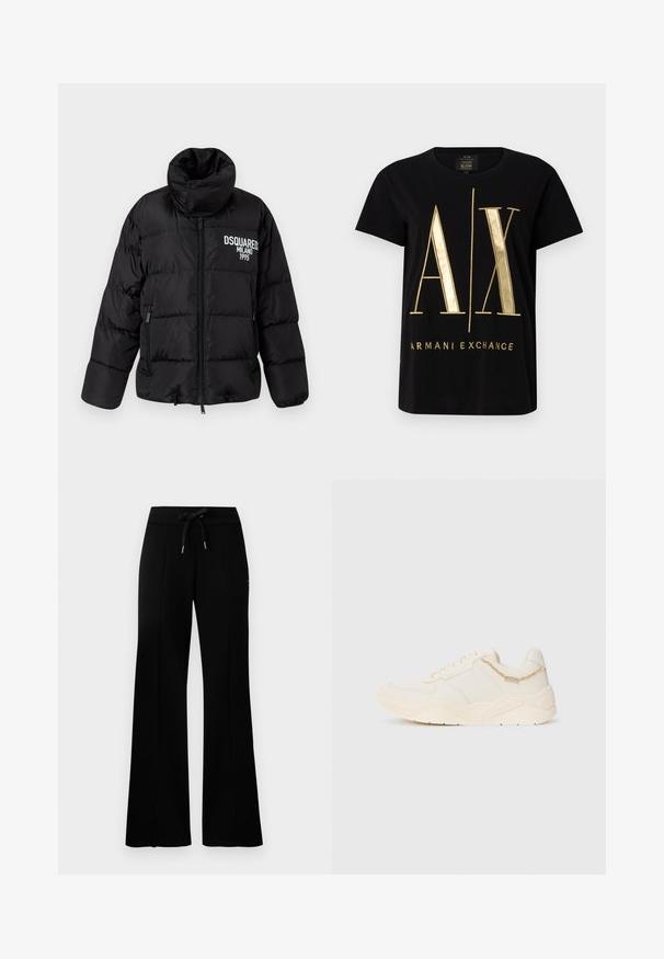 Svart puffjacka med hög krage, dragkedja, två sidofickor och vit "DSQUARED2 MILANO 1995" logotyp på bröstet. Slät, blänkt yta.; Svart bomull t-shirt med tydlig guld "A/X" logotyp och texten "ARMANI EXCHANGE", korta ärmar, rund halsringning, mjuk textur.; Svarta vida sweatpants med dragsko i midjan, sidofickor, mjukt tyg och en stilren design.; Krämsfärgade sneakers med en slät läderöverdel, strukturerade detaljer, broderade inslag och en tjock gummisula. Har en liten dekorativ kedja.