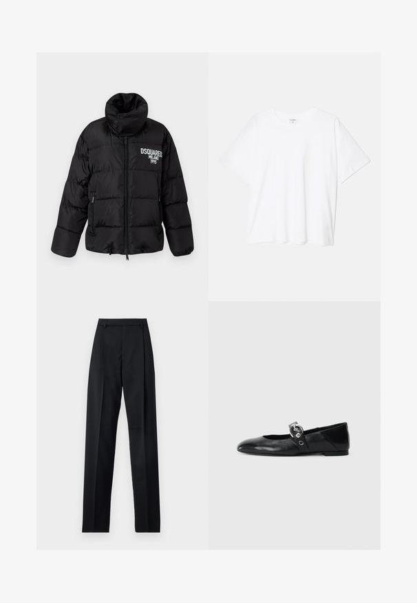 Black puffer jacket with high collar, zip closure, two side pockets, and white "DSQUARED2 MILANO 1995" logo on the chest. Smooth, shiny texture.; White cotton t-shirt with short sleeves, round neckline, relaxed fit, and stitched hem. Label visible on the inside neck.; Black trousers made from smooth fabric featuring a high waist, wide legs, front pleats, and classic belt loops. No side pockets visible.; Black leather ballet flats with a pointed toe, featuring a strap with a circular metallic buckle and a flat sole.