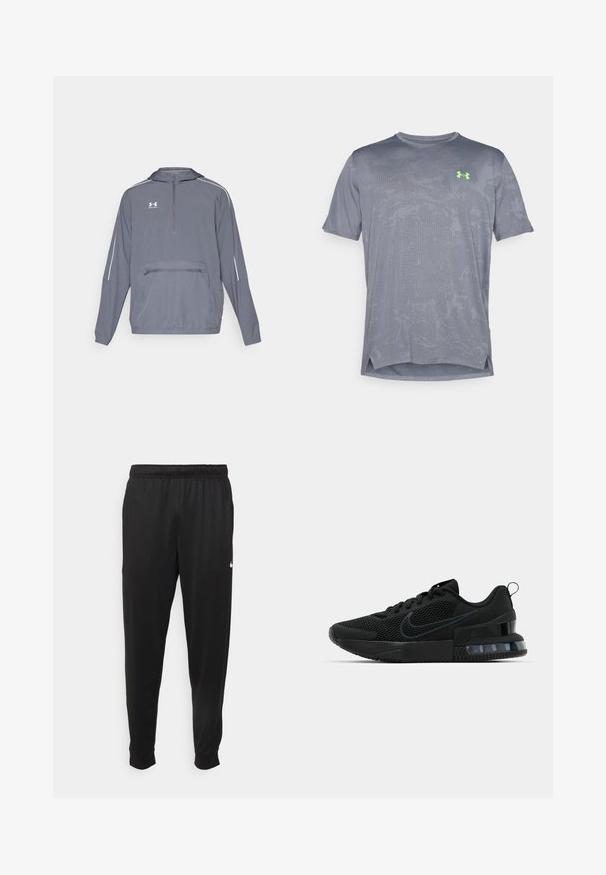 Halliine hall kerge kapuutsiga jope, millel on pooltõmbe esiosa, elastne alumine äär ja eesmine lukuga tasku. Omab valgeid aktsentjooni varrukatel.; Under Armour VENT - Spordi T-särk - castlerock/hyper green; Mustad mustekad athletic-püksid sujuvast kangast, elastse vöökoha, kitsenevate jalgade ja väikese valge logoga vasakul küljel.; Must must Ameerika must must must must must must must