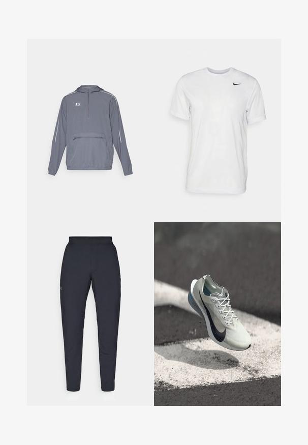 Szürke, könnyű kapucnis dzseki félcipzárral elöl, rugalmas aljjal és elöl cipzáras zsebbel. Fehér díszcsíkokkal a nadrágszáron.; Fehér, rövid ujjú póló, sima anyagból készült. Kerek nyakkivágással és egy kis fekete Nike logóval rendelkezik a bal mellen.; Fekete sportnadrág sima textúrával, karcsú szabással, rugalmas derékrésszel és oldalzsebekkel. A bal combján egy kis logó található.; Fehér és fekete Nike futócipő függeszkedik egy aszfaltfelület felett, fehér útmintákkal és apró törmelékkel.