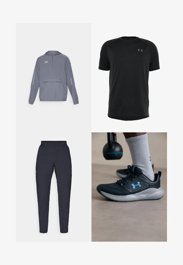 Gray lightweight hooded jacket with a half-zip front, elasticized hem, and a front zippered pocket. Features white accent lines on sleeves.; Black short-sleeve athletic shirt made of smooth, lightweight fabric. Features a rounded neckline and discreet logo on the chest.; Black athletic pants with a smooth texture, slim fit, elastic waistband, and side pockets. Features a small logo on the left thigh.; Black athletic shoe with blue accents, textured upper, and gray sole. Worn with gray ribbed socks, beside a black kettlebell.