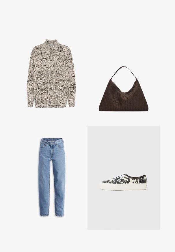 Cămașă bej cu nasturi, decorată cu un model de leopard negru, având două buzunare frontale și un design clasic al gulerului.; Pulover tricotat crem, cu un model din cablu și cuvântul "REBEL" în negru pe partea din față. Lungime scurtă, cu mansete căptușite.; Jeans de culoare albastru deschis, din denim, cu o croială lejeră, picior drept, design cu cinci buzunare și margini desfăcute pentru un aspect casual.; Tenisi din pânză alb-negru cu un design de imprimeu de vacă, șireturi albe și o talpă din cauciuc alb. Prezintă un eticheta cu logo pe lateral.; Geantă din piele împletită, de culoare maro, cu o formă triangulară, lejeră. Are un mâner împletit și închidere cu fermoar pe partea superioară.
