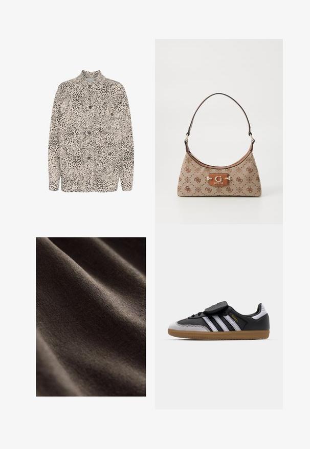 Beige button-up shirt featuring a black leopard print pattern, two front pockets, and a classic collar design.; White short-sleeve t-shirt with a round neckline, made of cotton material, featuring a fitted silhouette and a black brand label inside the collar.; Dark brown fabric with a smooth, textured surface, featuring subtle wrinkles and a soft, matte appearance. Ideal for various textile applications.; Black leather and gray suede sneaker with white stripes, rubber gum sole, lace-up front, and Velcro strap. Features "Samba" branding in gold.; Tote bag in beige fabric with brown patterned accents. Features a curved shape, single strap, and a logo plaque in front with silver hardware.