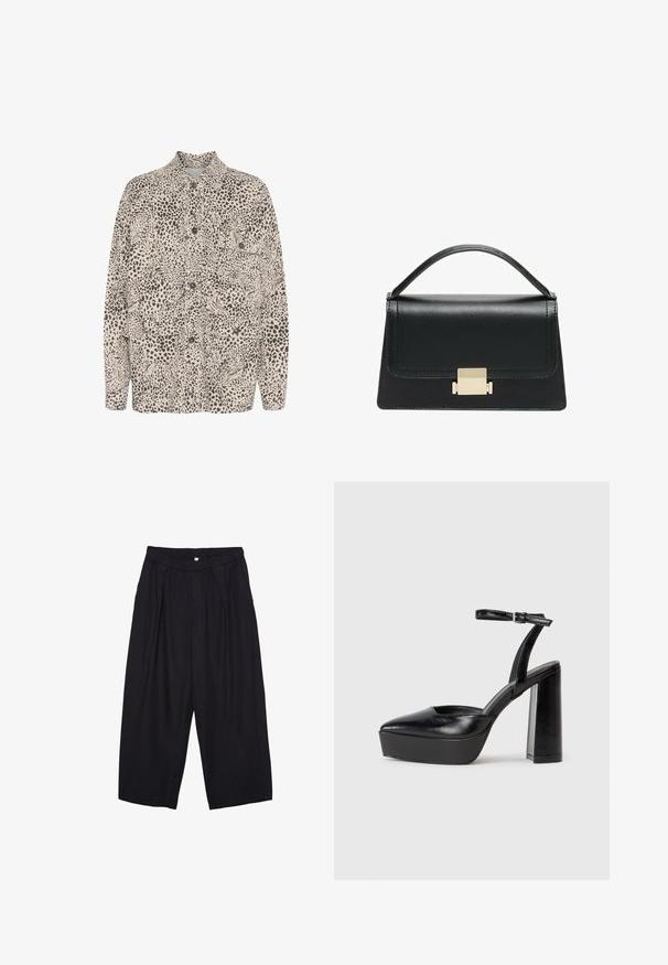 Beige-paita, jossa on musta leopardikuosis, kaksi etutaskua ja klassinen kaulusdesign.; Musta hihaton crop-top, joka on valmistettu sileästä kankaasta, jossa on pyöreä kaula-aukko ja siisti, yksinkertainen muotoilu ilman kuvioita tai varusteita.; Musta polyesterinen culotte-housut, jossa on joustava vyötärö, kaksi etupleettiä ja löysä siluetti. Ei näkyviä kuvioita tai metallisia yksityiskohtia.; Mustat korkeat platform-kengät, joissa on terävä kärki ja säädettävä nilkkaremmi. Valmistettu sileästä nahasta ja varustettu paksulla lohkokorkeudella.; Musta nahkakäsilaukku, jossa on jämäkkä muotoilu, yläkahva ja kultainen metallisolki edessä. Sujuva pinta, minimaalinen ompelu.