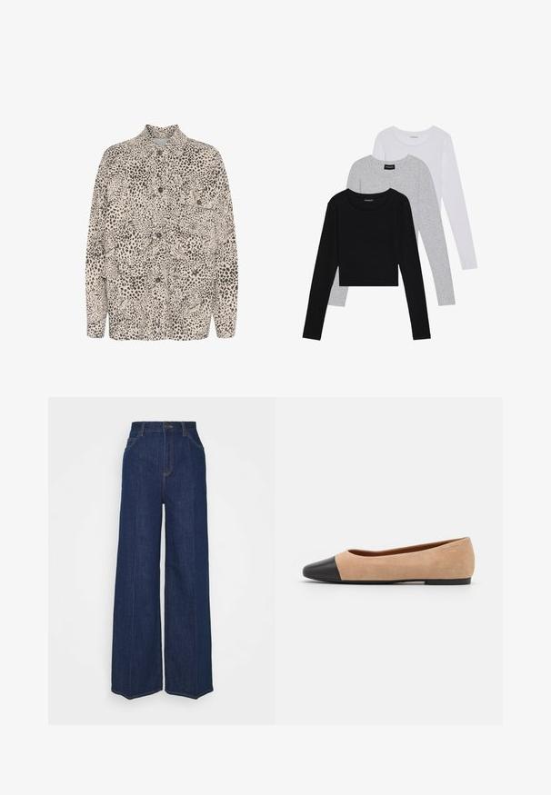 Cămașă bej cu nasturi, decorată cu un model de leopard negru, având două buzunare frontale și un design clasic al gulerului.; Trei bluze cu mânecă lungă așezate: neagră, gri și albă. Fiecare are un guler rotund și un design scurt, realizat dintr-un material fin și ușor.; Blugi din denim întunecat, cu talie înaltă și picioare largi, cu buzunare laterale și pe spate, închidere cu buton și detalii vizibile de cusătură.; Baletă din suede bej cu vârf rotund din piele neagră, toc jos și textură netedă, având cusături minime și un design curat.
