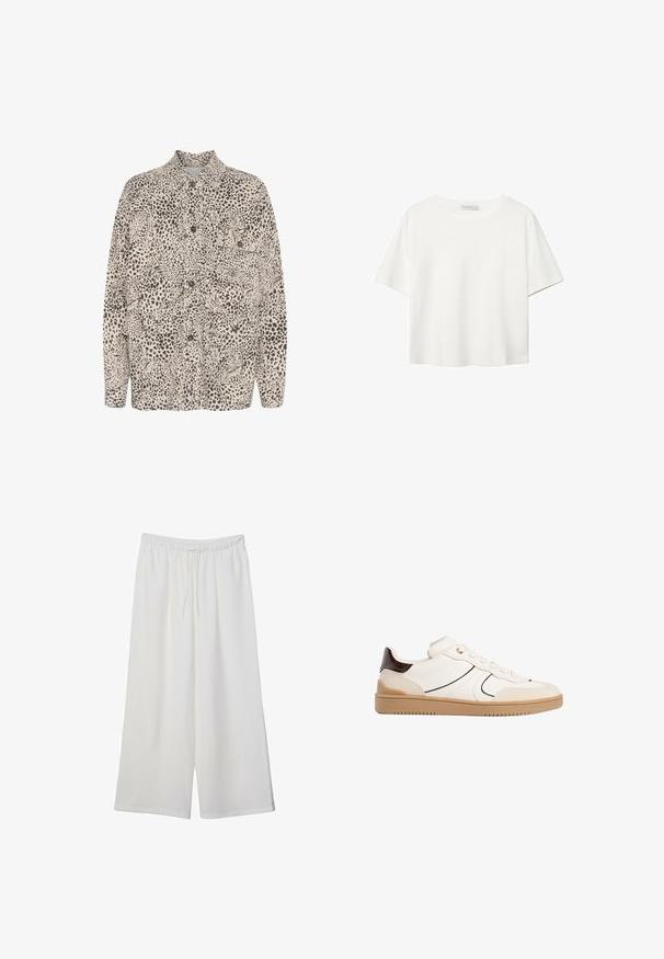 Bež košulja s dugim rukavima koja ima crni uzorak leopard printa, dva prednja džepa i klasičan dizajn ovratnika.; Bijela majica kratkih rukava od pamuka. Ima okrugli izrez i opušteni kroj. Glatka tekstura bez vidljivih uzoraka ili naglasaka.; Bijele hlače širokog kroja izrađene od lagane tkanine, s elastičnim pojasom i vezicom za prilagodljivu veličinu. Glatka tekstura.; Stradivarius Tenisice - white