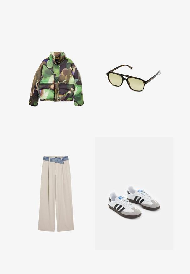 Giacca imbottita con un motivo astratto verde, marrone e viola. Presenta un colletto alto, una zip frontale e due ampie tasche frontali.; Maglione a maglia con motivi a onda in blu e bianco, caratterizzato da un collo rotondo color crema e polsini e orlo a coste. Design testurizzato su tutto il capo.; Pantaloni larghi beige chiaro con vita in denim, caratterizzati da due bottoni e dettagli plissettati sul davanti. Tessuto morbido e vestibilità rilassata.; Scarpe sportive con tomaia in pelle bianca, punta in suede grigia e tre strisce nere. Presentano un logo blu sulla linguetta e una suola in gomma testurizzata.; Occhiali da sole tartaruga con forma rettangolare, lenti con tonalità verde e montatura in acetato decorata. Presentano dettagli metallici vicino alle lenti.