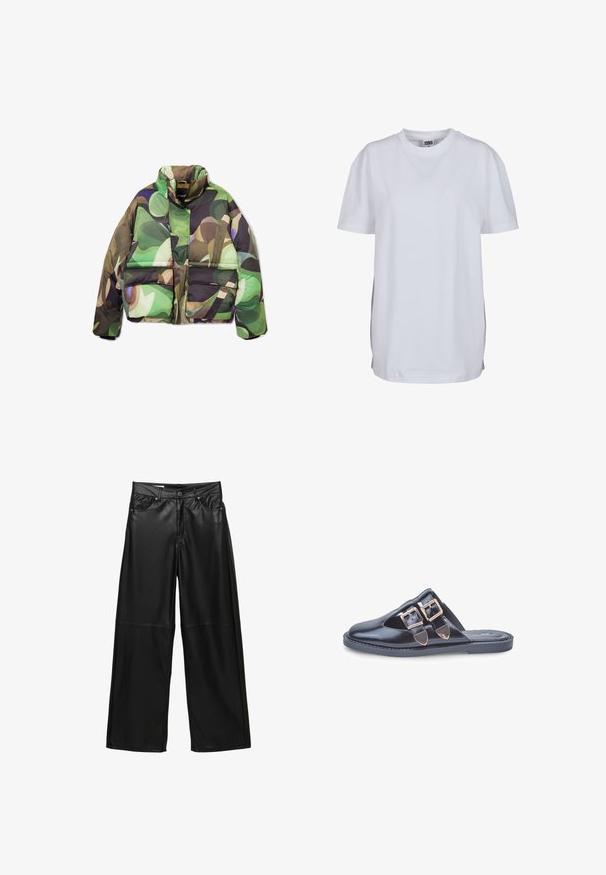 Jachetă căptușită cu un model abstract în verde, brown și violet. Prezintă un guler înalt, fermoar frontal și două buzunare mari în față.; Tricou alb cu mânecă scurtă, fabricat din bumbac, cu guler rotund și o croială lejeră, fără modele sau grafice vizibile.; Pantaloni largi din piele sintetică neagră, cu buzunare frontale, bucle pentru curea, închidere cu button și detalii cusute sub genunchi.; Mule din piele neagră, cu vârf ascuțit și două curele cu catarame aurii pe partea superioară, talpă din cauciuc plat, fotografiat pe fundal alb.