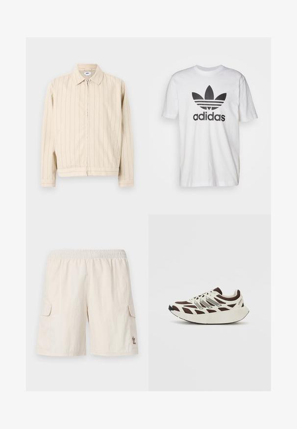 Bežna jakna na zadrgo z vertikalnimi svetlo modrimi črtami. Ima ovratnik, dva stranska žepa in ravno spodnje rob. Narejena iz bombažnega blaga.; Bela bombažna majica s črnim Adidasovim logotipom s trifolnim dizajnom in tremi črtami. Kratke rokave, okroglo ovratnico in sproščen kroj.; Bež cargo kratke hlače z elastičnim pasom, dvema stranskima žepoma in majhnim logotipom na spodnji desni strani. Gladka, lahka tkanina.; Rjavi in smetanasti športni copat z mrežnim zgornjim delom, teksturiranimi prekrivnimi deli in zaobljenim, debelim belim podplatom. Ima nizko profilirano jezičko in vezalke.