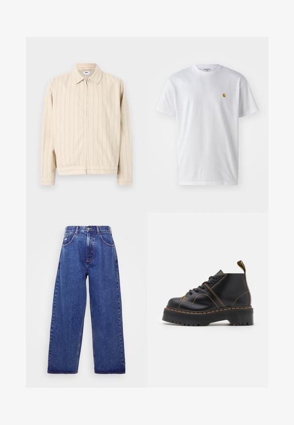 Chaqueta beige con cremallera y rayas verticales azul claro. Presenta un cuello, dos bolsillos laterales y un dobladillo recto. Está hecha de tela de algodón.; Camiseta de algodón blanca con mangas cortas, cuello redondo, que presenta un pequeño logo dorado en la parte izquierda del pecho. Textura suave y corte regular.; Jeans de denim azul de pernera ancha con una cintura alta, que cuentan con cinco bolsillos, un cierre de botón y un ligero desgastado para dar textura.; Botas negras de tobillo con suela gruesa y estriada, costuras amarillas en contraste y una lengüeta en el talón. Material de cuero suave.