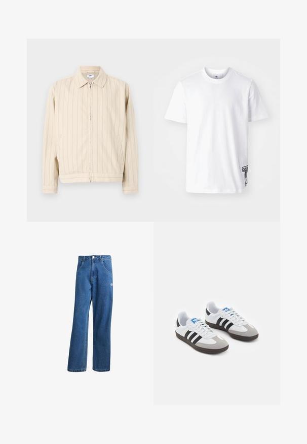 Kreminės spalvos užtrauktuku užsegama striukė su vertikaliomis šviesiai mėlynomis juostelėmis. Turi apykaklę, dvi šonines kišenes ir tiesų hemą. Pagaminta iš medvilninio audinio.; Balta medvilninė marškinėliai trumpomis rankovėmis, suapvalintu kaklu ir juodu Adidas logotipu ant apatinio kairiojo šono. Lygi tekstūra.; Mėlynos aukštu liemeniu plačios džinsinės kelnės su priekinėmis kišenėmis, diržo kilpos, sagčių uždarymu ir mažu Adidas logotipu dešinėje šlaunyje.; Sportiniai batai su balta odine viršutine dalimi, pilku zomšiniu priekiu ir trimis juodomis juostelėmis. Ant liežuvio yra mėlynas logotipas, o padas pagamintas iš tekstūruoto gumos.