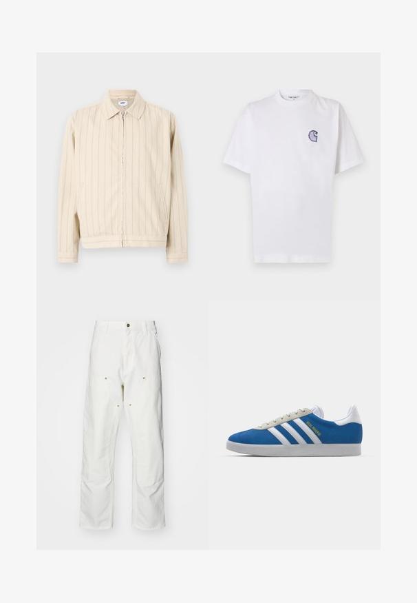 Béžová zapínacia bunda so svetlomodrými vertikálnymi pruhmi. Má golier, dve bočné vrecká a rovný lem. Vyrobená z bavlny.; Biele bavlnené tričko s krátkymi rukávmi, okrúhlym výstrihom a malým vyšivaným modrým logom "C" na ľavej strane hrudníka.; Biele bavlnené cargo nohavice s voľným strihom. Medzi vlastnosti patrí predné vrecká, zlaté detaily a zosilnené kolenné časti.; adidas Originals ADIDAS GAZELLE SHOES - Halové kopačky - real madrid/bluebird/footwear white/crew yellow