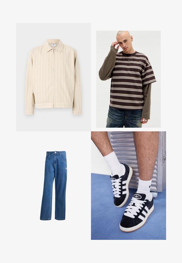 Beige vetoketjuhuppari, jossa on pystysuorat vaaleansiniset raidat. Varusteena kaulus, kaksi sivutaskua ja suora helma. Valmistettu puuvillakankaasta.; Ruskea ja beige raidoitettu lyhythihainen paita, jossa on kerroksellinen pitkähihainen pohja. Pehmeä rakenne, rento istuvuus ja pyöreä pääntie. Hopeiset asusteet näkyvissä.; Siniset korkeavyötäröiset leveälahkeiset farkut, joissa on etupussit, vyölenkit, napitus ja pieni Adidas-logo oikeassa reidessä.; Mustat mokkasneakersit, joissa on valkoiset nauhat ja kolme valkoista raitaa. Kengissä on ympyrän muotoinen musta logo kielen päällä ja kuminen pohja.