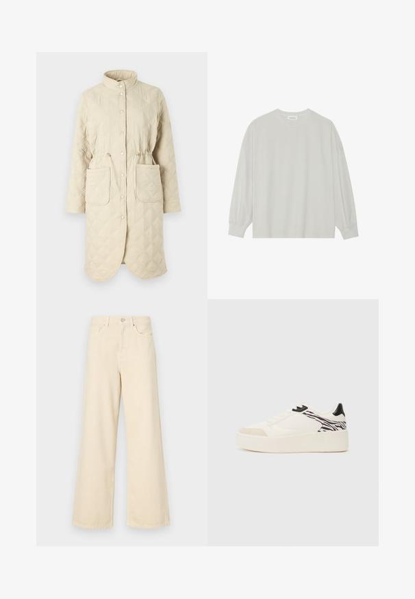 Kviai siūtas smėlio spalvos paltas su aukštu apykakle, snapiniais mygtukais, raišteliu liemeniui ir dviem priekinėmis kišenėmis, pasižymintis deimantų raštu ant audinio.; Šviesiai pilkas ilgomis rankovėmis marškinėliai, pagaminti iš minkštos medvilnės. Sukurtas laisvam prigludimui, apvaliu iškirpimu ir švelniai susigūžusiomis rankovėmis. Be raštų ar piešinių.; Bežinės plačios kojos džinsai, pagaminti iš medvilnės. Turintys sagos uždarymą, diržo kilpas ir priekinės kišenes su lygia, švelnia tekstūra.; Even&Odd Sportbačiai - white/black