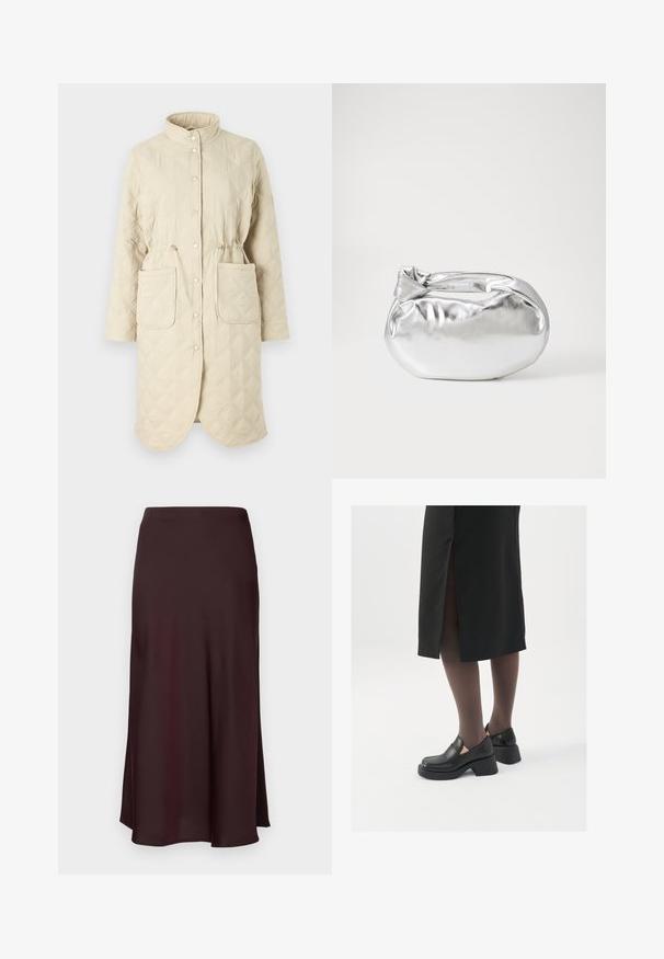 Padded bež plašč z visokim ovratnikom, zatiči na pritiskač, z vrvico za prilagajanje v pasu in dvema sprednjima žepoma, ki ima rombast vzorec po tkanini.; Bela brezrokavna majica iz rebraste tkanine, z zaobljenim izrezom in prilegajočim silhueto, z minimalnimi šivi in brez okraskov.; Burgundska satenasta midi krila z gladko teksturo, ravnim krojem in rahlo razširjenim robom. Brez vidnih vzorcev ali kovinskih podrobnosti.; Črne usnjene čevlje s zaobljenim prstom, debelim blokastim petama in elastičnimi stranskimi detajli, v kombinaciji s temno nogavicami in črno krilo z razporkom.; Srebrna kovinska torbica z mehko, zaobljeno obliko in zavezano zgornjo zaporo. Narejena iz gladkega umetnega usnja.; Srebrne uhane v obliki obroča z minimalističnim dizajnom. Krožna oblika, gladka tekstura in tanek profil. Lahki s poliranim zaključkom.