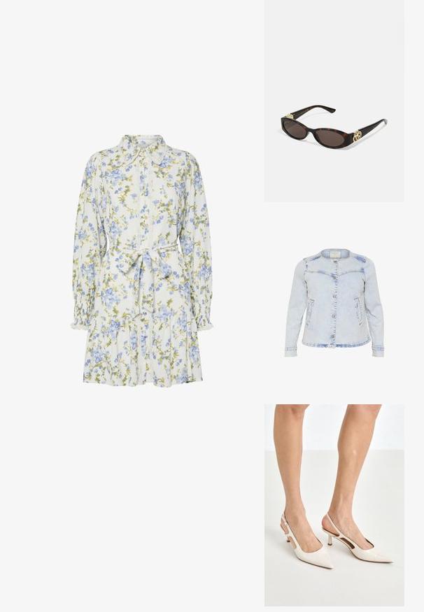 Giubbotto di jeans blu chiaro con maniche lunghe, colletto arrotondato, chiusura frontale con bottoni e due tasche laterali. Presenta una texture leggermente consumata.; Vestito floreale bianco con fiori blu e verdi, caratterizzato da un colletto, apertura frontale con bottoni, maniche lunghe con polsini elastici e una cintura in vita.; Tacchi slingback in pelle lucida beige con punta affusolata e tacco di 5 cm, caratterizzati da lati traforati e una sottile fascia alla caviglia.; Occhiali da sole tartarugati con lenti ovali allungate, tonalità marrone, accenti dorati con logo sulle tempie e aste nere eleganti.; Borsa a tracolla beige con un motivo stampato, forma curvata, dettagli in pelle e un logo dorato sul davanti. Presenta una maniglia corta per un facile trasporto.