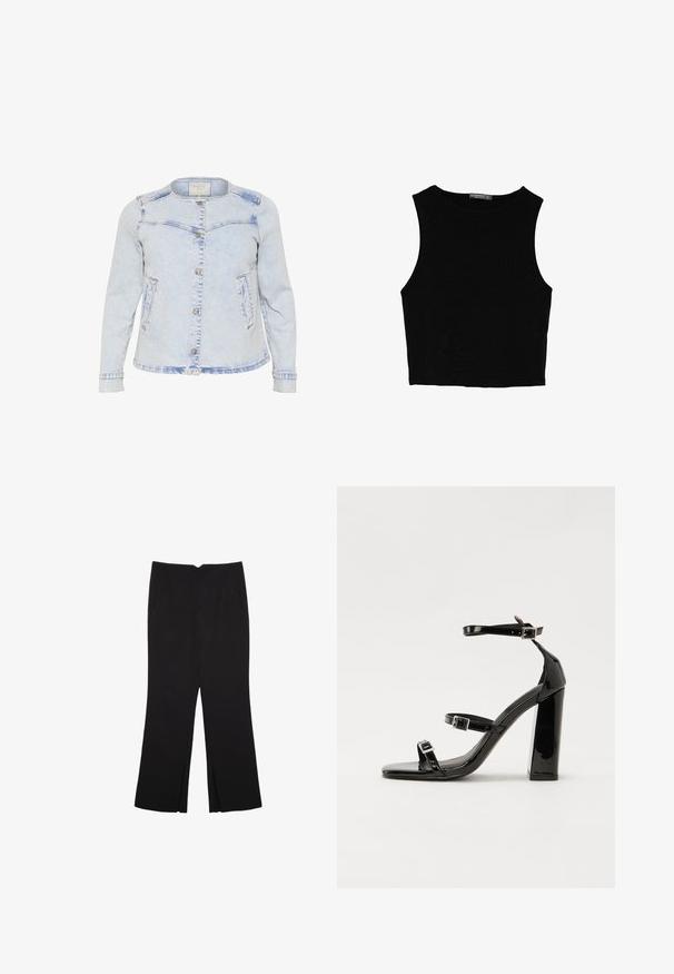 Lys blå denimjakke med lange ærmer, rund krave, frontknaplukning og to sidelommer. Har en let slidtage-tekstur.; Sort ærmeløs crop top lavet af glat stof, med rund hals og et rent, enkelt design uden mønstre eller hardware.; Sorte bukser med lige pasform, der har frontlommer og slidser i kanten. Lavet af blødt, glat stof. Velegnet til forskellige anledninger.; Sorte patenterede hælsandaler med firkantet tå, ankelremme og sølvspænder. Har en chunky blokHæl for stabilitet.