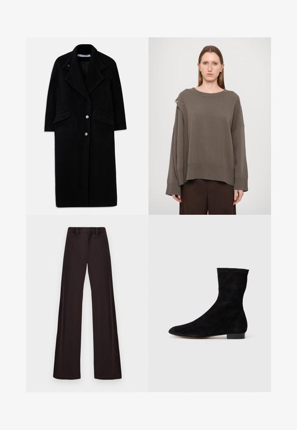 Dolga črna volnena plašča s širokimi reverji, tremi sprednjimi gumbi, dvema žepoma s poklopcem in dolgimi rokavi.; Rjava oversized pulover z dolgimi rokavi, rebrastimi manšetami, širokim izrezom in srebrnim naglasom na rami. Mehak pleten tekstura.; Hlače širokih nogavici iz temnega blaga, z gladko teksturo, zankami za pas in sprednjim pregibom, z jasnim, neokrašeno zasnovo.; Črne semiš gležnjarje z oblikovanim zgornjim delom, koničastim nosom in nizko blok peto. Gladka textura in minimalističen dizajn, primerna za vsestransko stiliziranje.