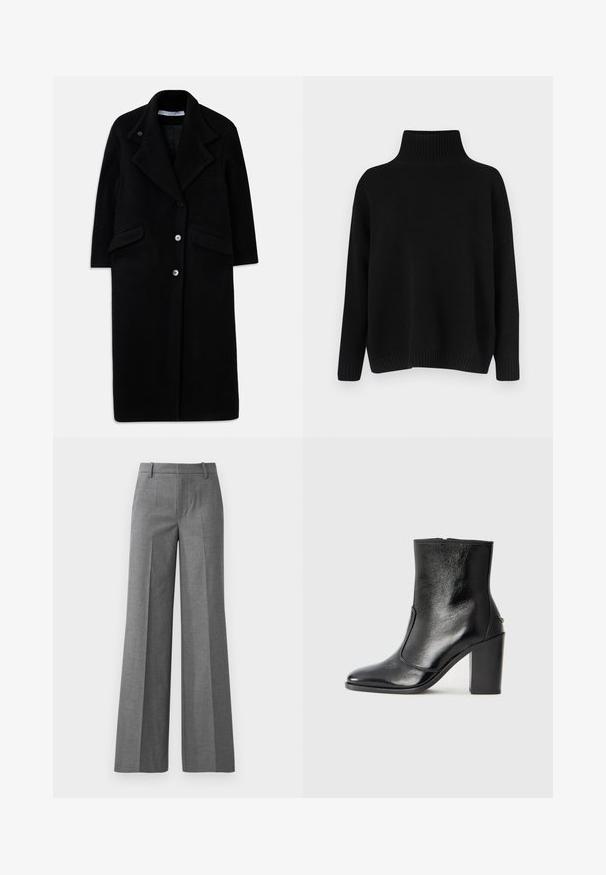 Casaco longo preto de lã com lapelas largas, três botões frontais, dois bolsos com aba e mangas longas.; Camisola preta de malha com gola alta canelada, ombros caídos e corte solto. Apresenta punhos e bainha canelados para dar textura.; Calças largas cinzentas em um tecido texturizado. Apresentam pregas frontais, uma cintura ajustada e um acabamento polido, ideal para ambientes formais.; Bota ankle preta em pele com uma textura suave, bico fino e um salto alto robusto. Apresenta uma abertura lateral e um design minimalista.