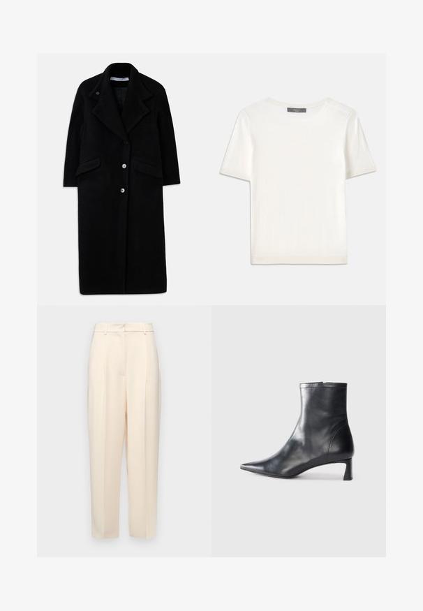 Hosszú fekete gyapjú kabát széles hajtókákkal, három elülső gombbal, két zsebbekkel és hosszú ujjakkal.; Fehér, rövid ujjú kötött felső, kerek nyakkivágással, sima textúrával és diszkrét bordázott részletekkel az ujjain és az alján.; Beige, egyenes szabású testre szabott nadrág, elöl plisszírozással, sima textúrával és közepes derékkal. Nincsenek látható zsebek.; Fekete bőr bokacsizma hegyes orral és letisztult dizájnnal. Alacsony sarka és hátsó cipzáras záródása van. Simának tűnő textúra.