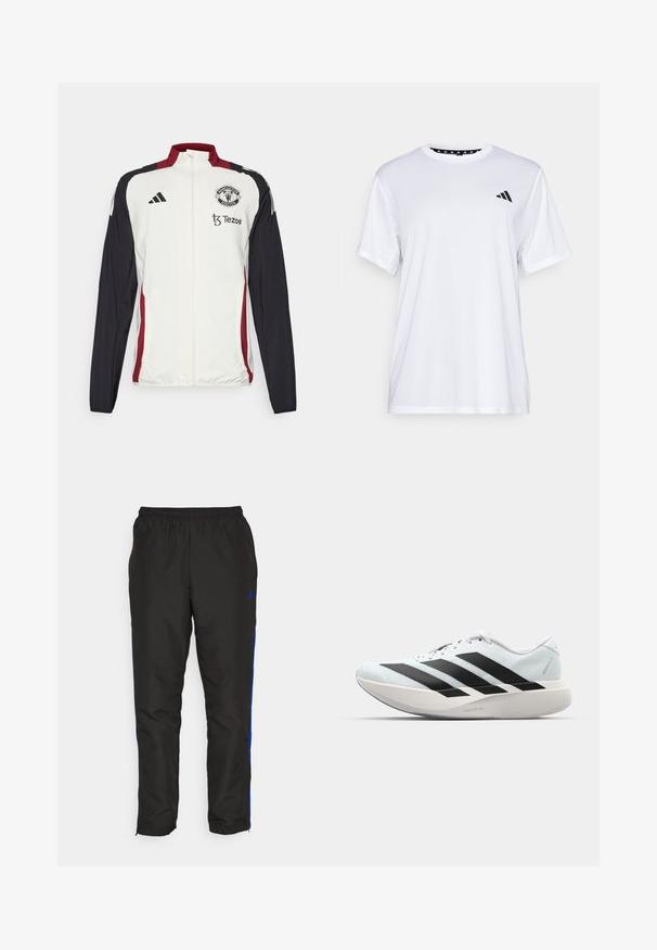 Chaqueta deportiva blanca con mangas negras y detalles rojos. Presenta un cuello, cremallera completa y el logo del Manchester United en el pecho.; Camiseta atlética blanca de manga corta, hecha de una tela que absorbe la humedad. Presenta un logo negro en el lado izquierdo del pecho y un cuello interior con un diseño estampado.; Pantalones de chándal negros con franjas laterales azules, cinturilla elástica, textura suave y piernas ajustadas. Presenta un logo cerca de la cinturilla.; Zapatillas de running ligeras en azul pálido con rayas negras. Presentan una parte superior suave, puntera redonda y una gruesa mediasuela blanca etiquetada como "LIGHTSTRIKE PRO".