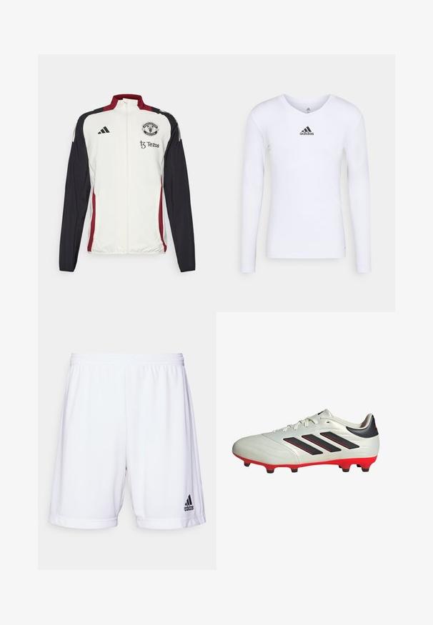 Chaqueta deportiva blanca con mangas negras y detalles rojos. Presenta un cuello, cremallera completa y el logo del Manchester United en el pecho.; Camiseta deportiva de manga larga blanca, fabricada con material suave, que presenta un logo negro de Adidas en el pecho; diseño de cuello en V y forma ajustada.; Bermudas deportivas blancas con una cintura elástica, fabricadas con un tejido suave. Presenta un logo negro de Adidas en la parte inferior izquierda.; Botas de fútbol blancas con acentos negros y suela roja. Presentan tres rayas negras en el lateral y una parte superior de textura suave.
