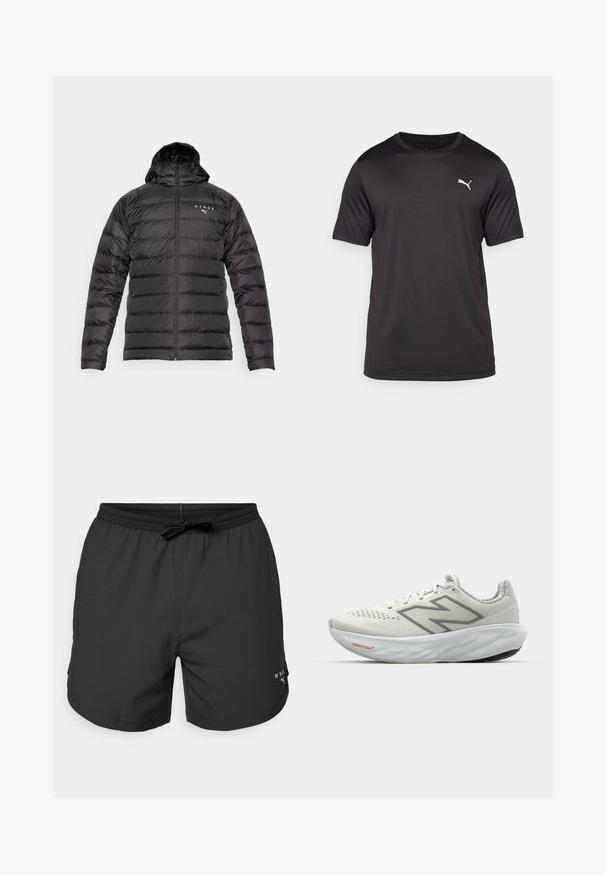 Sort puffjakke med hætte, quiltet design, frontlynlås og logoer i hvid. Den har en glat, jævn tekstur og tætsiddende ærmer.; Sort atletisk t-shirt lavet af fugtabsorpterende stof, rund hals, korte ærmer, med et lille hvidt logo på venstre bryst.; Sorte svømmebukser med elastisk talje og snor. Letvægtsstof med sidelommer. Har et lille logo på kanten.; Løbesko i hvid med grå accenter. Mesh-overdel, tekstureret sål og fremtrædende "N" logo. Har en polstret krave og "Fresh Foam" label.