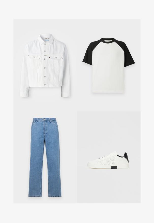 Replay M9Z1 JACKET - Traper jakna - natural white; Crna i bijela majica s kratkim rukavima s rebrastom teksturom; ima raglan rukave i okrugli izrez.; Svijetloplavi traper hlače ravnog kroja s klasičnim dizajnom od pet džepova, sa prednjim zatvaranjem na gumb i petljama za remen. Glatka tekstura.; Bijele tenisice s perforiranim dizajnom, crnim naglaskom na peti i bijelim gumiranim potplatom. Imaju vezice i logo sa strane. Glatka kožna tekstura.
