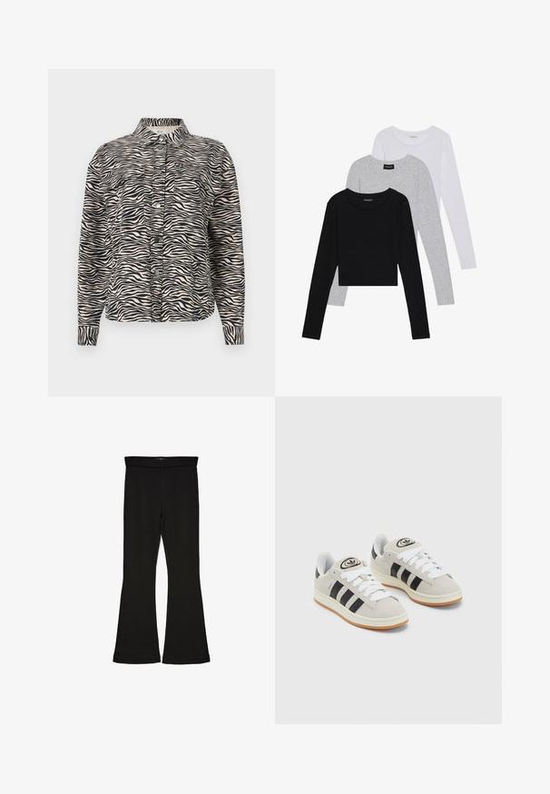 Camisa de mangas longas com botão em bege com riscas de zebra pretas, apresentando um colarinho, dois bolsos no peito e botões de pressão pretos.; Três camisetas de manga longa empilhadas: preta, cinza e branca. Cada uma tem um decote redondo e um design cropped, feitas de um tecido leve e suave.; Leggings pretos em flare feitos de um tecido elástico. Apresentam uma cintura larga e uma textura suave, com um silhueta ajustada que se alarga na bainha.; Tênis de camurça cinza com atacadores brancos, riscas pretas e uma sola de borracha branca. Apresenta um logótipo circular na língua e uma sola de borracha.