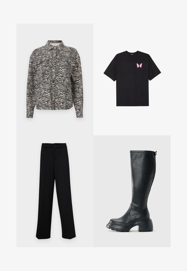 Chemise à manches longues boutonnée en beige avec des rayures zèbres noires, dotée d'un col, de deux poches poitrine et de boutons-pression noirs.; T-shirt en coton noir à manches courtes, avec un petit graphique de papillon rose sur la poitrine gauche. Modèle à col rond avec une coupe décontractée.; Pantalons larges noirs en tissu lisse, avec une taille classique à fermeture à bouton et des plis sur le devant.; Botte en cuir noir haute avec semelle plateforme épaisse et talon carré, dotée d'une languette et d'un motif texturé sur la semelle extérieure.