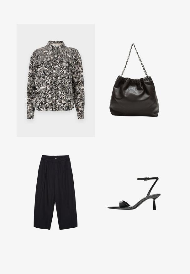 Bež srajca z dolgimi rokavi in črnimi zebrnimi črtami, ki ima ovratnik, dve žepoma na prsih in črne snap gumbe.; Črna kratkotrajna majica s kratkimi rokavi, narejena iz mehkega materiala. Ima klasičen krožni izrez in sproščen kroj. Ni vidnih vzorcev ali dodatkov.; Črne poliesterske culotte hlače z elastičnim pasom, dvema sprednjima nabiranjema in ohlapnim krojem. Brez vidnih vzorcev ali kovinskih detajlov.; Bershka Sandali z visoko peto - black; Rjava usnjena torba z nabranim vrhom in verižnim trakom. Gladka tekstura z sijajno površino in subtilnimi šivi na straneh.