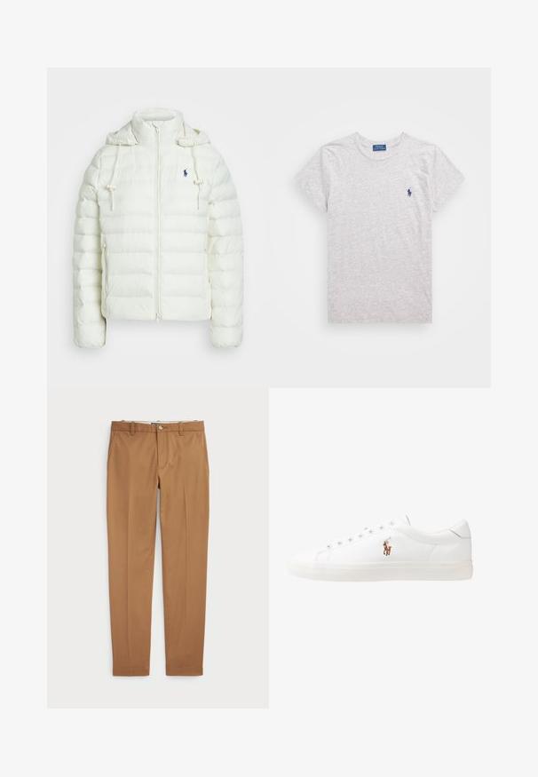 Casaco puffer branco com fecho de zíper e capuz. Apresenta seções acolchoadas horizontais e um logótipo azul no lado esquerdo do peito. Textura suave e lisa.; T-shirt cinza de manga curta feito de algodão suave com decote redondo. Apresenta um pequeno logo azul bordado no lado esquerdo do peito.; Calças de algodão castanhas com um design slim-fit, frente lisa e bolsos standard; textura suave e bainhas com acabamento.; Sapatilhas de couro brancas, design de cano baixo, com textura suave, biqueira redonda, atacadores à frente e um pequeno logótipo bordado na lateral.