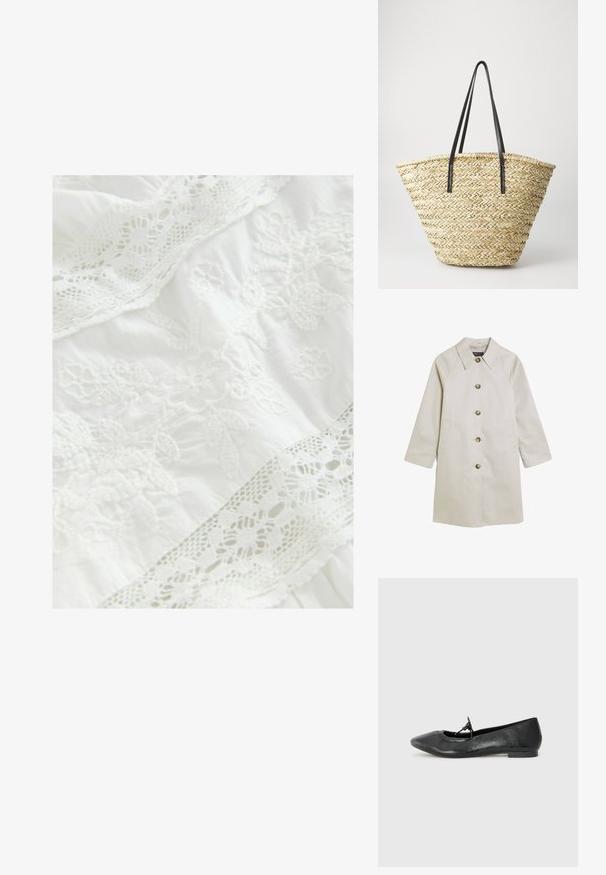 Lichtbeige jas van glad materiaal, met een notch-kraag, knoopsluiting, zijzakken en raglanmouwen.; Witte stof met ingewikkelde bloemenborduursels en delicate kanten afwerking. Zachte textuur met gelaagde ontwerpelementen door het geheel.; Zwarte leren balletschoenen met een spitse neus, textuur oppervlak en een klein strikje op de wreef. Lage, platte hak.; Gevlochten stro tote bag met een brede, taps toelopende vorm, voorzien van twee zwarte leren handvaten. Natuurlijke beige kleur met een gestructureerd oppervlak.