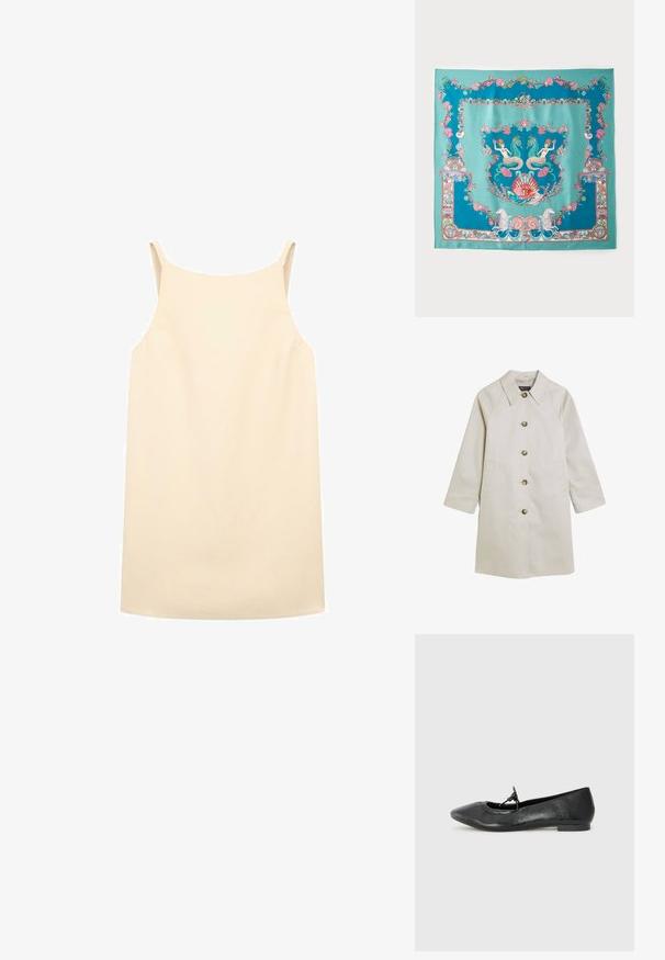 Lichtbeige jas van glad materiaal, met een notch-kraag, knoopsluiting, zijzakken en raglanmouwen.; Beige mouwloze jurk met een ontspannen pasvorm, gemaakt van gladde stof, voorzien van dunne schouderbanden en een rechte zoom.; Zwarte leren balletschoenen met een spitse neus, textuur oppervlak en een klein strikje op de wreef. Lage, platte hak.; Turquoise zijden sjaal met ingewikkelde mariene thema's, waaronder zeemeerminnen, schelpen en koraal, omzoomd met een decoratieve rand.; Gevlochten stro tote bag met een brede, taps toelopende vorm, voorzien van twee zwarte leren handvaten. Natuurlijke beige kleur met een gestructureerd oppervlak.