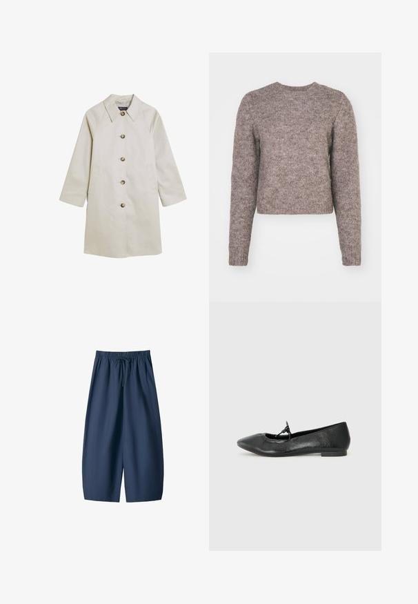 Lichtbeige jas van glad materiaal, met een notch-kraag, knoopsluiting, zijzakken en raglanmouwen.; Lichtbruin, cropped trui met lange mouwen, ronde halslijn en een gestructureerd breiwerk. Geen zichtbare patronen of hardware-details.; Marineblauwe shorts van een gladde stof, met een elastische tailleband en een trekkoord, en twee zijzakken. Ontspannen pasvorm, knielange stijl.; Zwarte leren balletschoenen met een spitse neus, textuur oppervlak en een klein strikje op de wreef. Lage, platte hak.