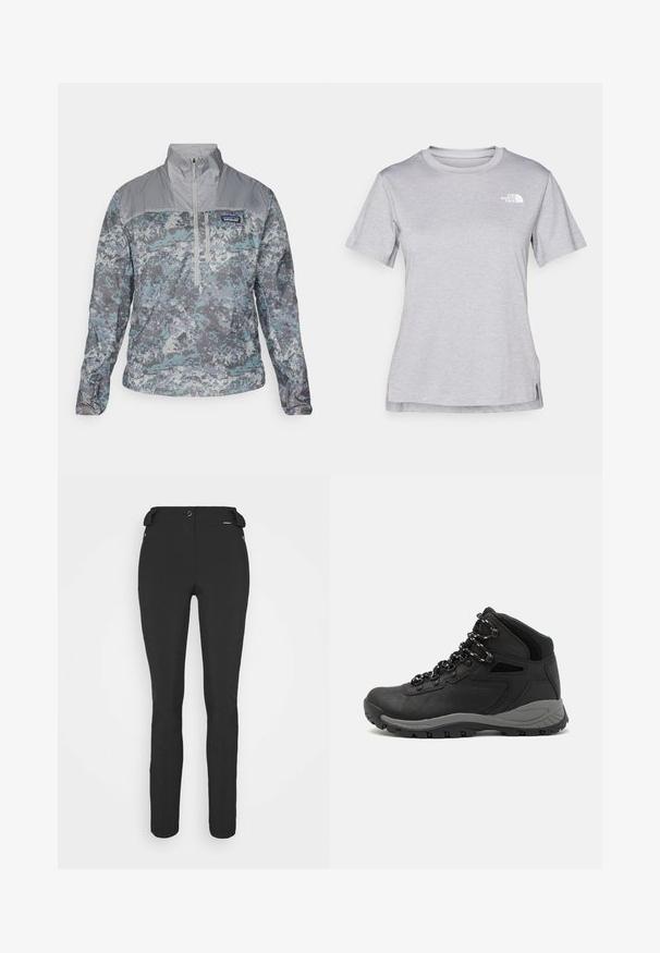 Kerge tõmbejope halli ja sinise kamoflaažimustriga, kõrge krae, poole tõmbluku esiosa ja tekstuuridega kangasaktsentidega.; Hall juppuvarrega, pehmeast, niiskust eemaletõukavast kangast lühikeste varrukatega hall T-särk. Omab ümarat kaelust ning väikest valget logo vasakul ülal.; Mustad, hästi istuvad püksid, mis on valmistatud paindlikust materjalist. Omadusteks on lukuga küljetasku, artikeeritud põlved ja sile pind.; Mustarjaline matkasaabas, millel on keskmine disain, tekstuuriga ülemine osa, hallid aktsendid ja vastupidav kummist põhi, millel on haardelugesid.
