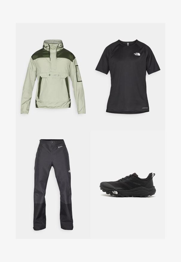 Columbia CHALLENGER™ - Neperpučiamoji striukė - safari/greenscape; Juoda trumpa rankovė atletinė marškinė, pagaminta iš tekstūruotos medžiagos, su baltu logotipu kairėje krūtinės pusėje ir tiesiu apdailos kraštu.; Juodos vandeniui atsparios kelnės su lygiu paviršiumi, su GORE-TEX logotipu priekyje ir sustiprintomis apačiomis dėl ilgaamžiškumo.; Juoda bėgimo batai su tekstūruotu paviršiumi, guma padais ir sustiprinta pirštų dalimi. Yra paminkštinta apykaklė ir kilpos, leidžiančios lengvai užsidėti.