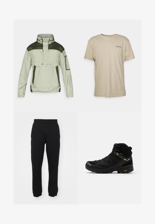 Columbia CHALLENGER™  - Windbreaker - safari/greenscape; Beige cotton t-shirt with short sleeves, crew neck, and a small black logo on the left chest area. Smooth texture, casual design.; Black sweatpants made of cotton blend, featuring an elastic waistband, tapered legs, and ribbed cuffs at the ankles. Simple design, no patterns.; Black hiking boot featuring a textured upper, reinforced toe, and Vibram sole. Lacing system includes hooks for secure fit.