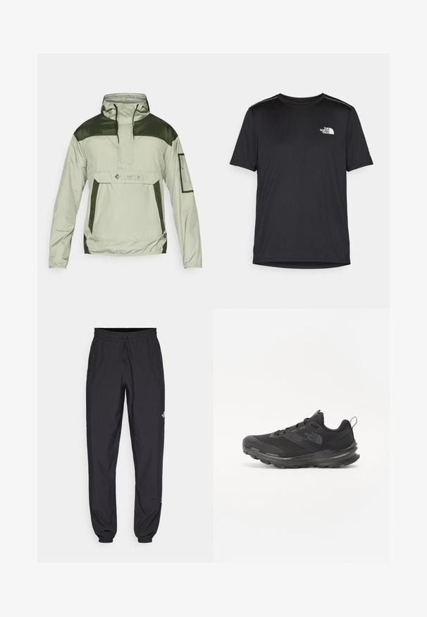 Columbia CHALLENGER™ - Větrovka - safari/greenscape; Černé tričko s krátkým rukávem vyrobené z lehkého materiálu. Má malé bílé logo na levé části hrudi a decentní akcenty na ramenech.; Černé sportovní kalhoty vyrobené z lehké tkaniny, s páskem na šňůrku, bočními kapsami a zúženými manžetami na kotnících.; Černá sportovní bota s prodyšným svrškem, gumovou podrážkou a polstrovaným límcem. Obsahuje tkaničky, logo na boku a strukturovaný design.