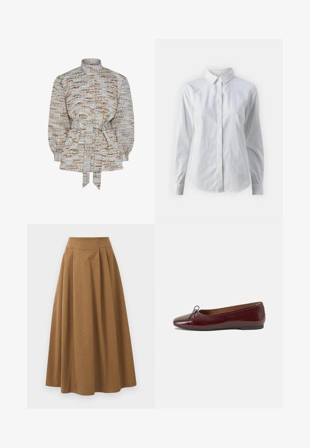 Tekstuuri-paita sinisessä, beessissä ja ruskeassa, jossa on seisomapanta, nappikiinnitys ja solmittava vyötärö. Puffihihat ja hillitty raidoituskuvio.; Valkoinen napitettava paita, joka on valmistettu sileästä puuvillasta. Paidassa on klassinen kaulus, pitkät hihat ja kaareva helma. Nappien koko on pieni ja ne ovat valkoiset.; Ruskea puuvillainen A-linjainen hame korkealla vyötäröllä, jossa on laskokset edessä ja sileä pinta. Helma on viimeistelty siististi ja yksinkertaisesti.; Burgundin värinen lakattu nahkainen ballerinatossu pyöreällä varvaskärjellä, pienen nauhan yksityiskohdalla edessä ja matalalla mustalla kumipohjalla. Sujuva pinta.