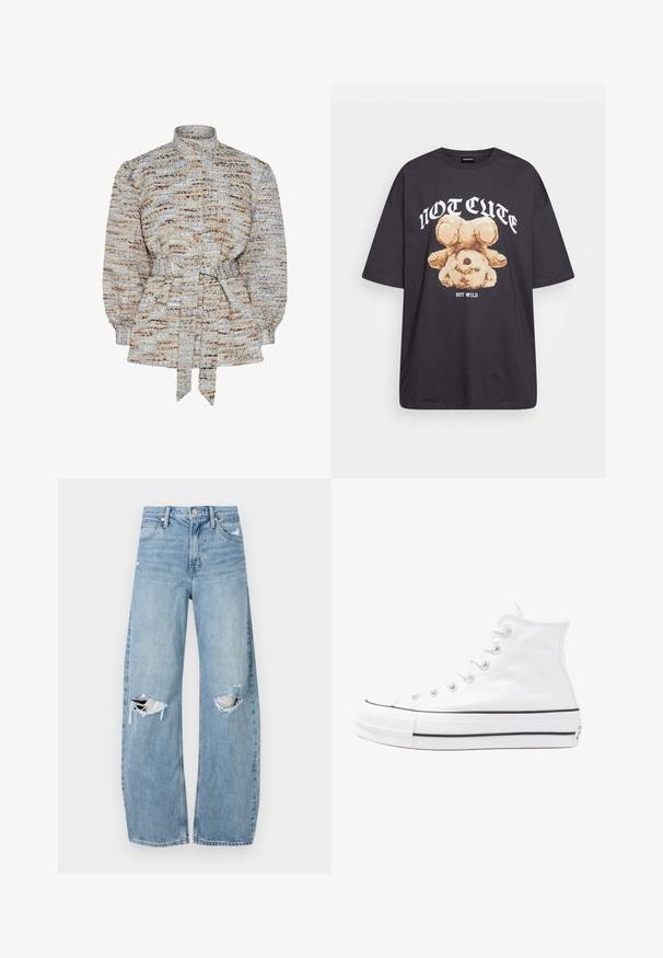 Mėlynos, bežinės ir rudos spalvų tekstūruota bluzka su stovinčiu apykakle, mygtukų uždarymu ir surišta juosmens dalimi. Pūsto rankovės ir subtilus dryžuotas raštas.; Juodas per didelis marškinėliai su bearo grafika ir tekstu "NE SIAUBINGA, BET NERAMUS" bold baltomis raidėmis. Pagaminta iš medvilnės.; Šviesiai mėlynos, aukštu juosmeniu džinsai pagaminti iš džinsinio audinio. Turi plačias kojų kelnes, dvi suplėšytas kelio vietas ir klasikinį penkių kišenių dizainą.; Balti aukštakulniai drobės sportbačiai su juodu guminio pado, priekinio guminio piršto dangteliu ir šešiais akytėmis raištams, pasižymintys švariu, minimalistiniu dizainu.