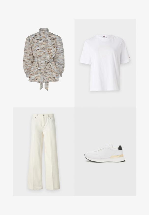 Textured blouse in blue, beige, and brown with a stand collar, button closure, and a tied waist. Puff sleeves and subtle striped pattern.; White cotton T-shirt with a crew neck, short sleeves, and subtle yellow logo design reading "HILFIGER NEW YORK 1985." Standard fit.; Wide-leg white jeans made from cotton blend fabric. Features a zipper fly, five-pocket design, and stitching along the seams.; White sneaker with a smooth finish, featuring a black heel accent and a gold metallic detail on the midsole. Lace-up design, rubber sole.