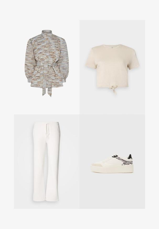 Blusa strutturata in blu, beige e marrone con colletto alzato, chiusura con bottoni e vita legata. Maniche a palloncino e motivo a strisce sottili.; T-shirt beige cropped realizzato in tessuto scintillante con maniche corte e dettaglio annodato all'orlo. Texture liscia e scollatura rotonda.; Pantaloni della tuta bianchi, a vestibilità ampia, realizzati in tessuto morbido, con vita elastica dotata di laccetto e design a gamba dritta.; Even&Odd Sneakers basse - white/black