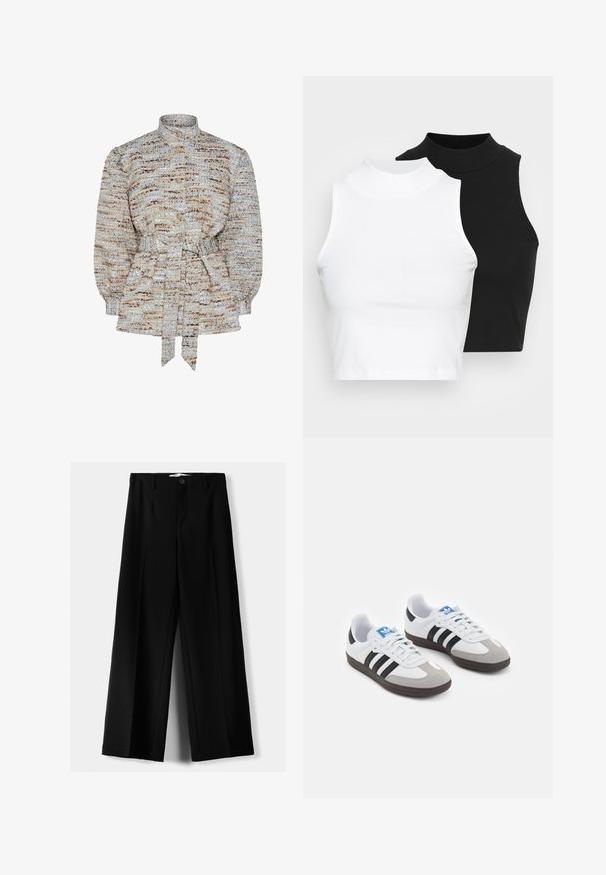 Bluză texturată în nuanțe de albastru, bej și maro, cu guler în picioare, închidere cu nasturi și talie legată. Mâneci puff și un model subtil cu dungi.; Două bluze fără mâneci, cu guler înalt, în culorile negru și alb, având un design ajustat și o textură netedă, cu o lungime scurtă.; Pantaloni negri cu picior larg, fabricați dintr-un material ușor, cu închidere frontală cu nasture și față plată, având tivuri cusute cu atenție.; Încălțăminte sport cu un superior din piele albă, vârf din suede gri și trei dungi negre. Prezintă un logo albastru pe limbă și o talpă din cauciuc texturat.