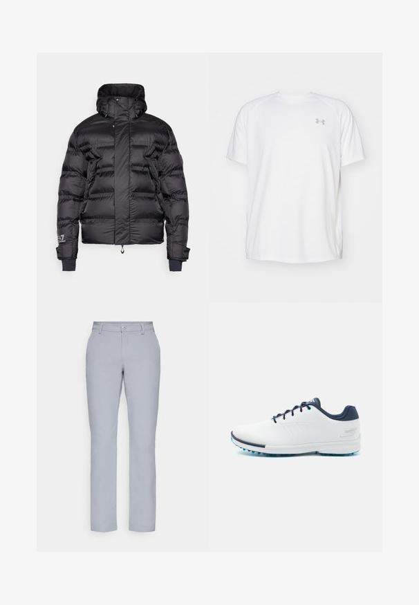 EA7 Emporio Armani CORTINA JACKET - Skidjacka - black; Vit kortärmad träningsskjorta tillverkad av mjukt tyg. Har rund halsringning och en grå logo på vänster bröst, med sidoflikar vid fållen.; Ljusgrå byxor med rak skärning, knappstängning, framfickor och ett slätt, strukturerat tyg. Minimalistisk design, inga mönster.; Vita sportskor med en slät syntetisk ovandel, blå akcentuerade delar, strukturerad marinblå häl och en lätt, spetsad sula för bra grepp.