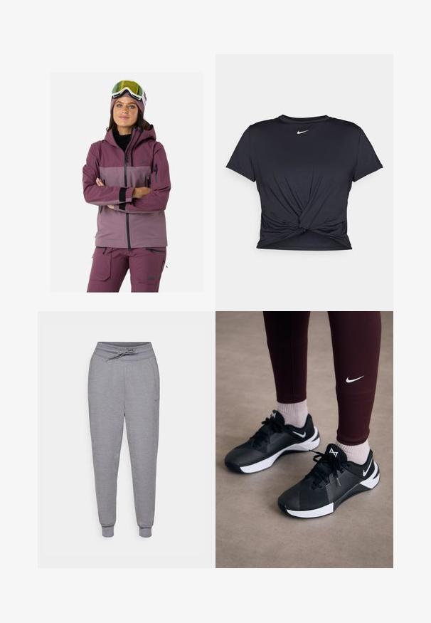 Ski jacket in shades of mauve and purple, featuring a hood, zippered pockets, elastic cuffs, and breathable fabric for outdoor activity.; Black athletic t-shirt made of smooth fabric, featuring a knotted front design and a small white Nike logo on the chest.; Gray tapered sweatpants with a drawstring waist, elastic cuffs, and a subtle Nike logo on the left thigh. Soft, textured fabric.; Black athletic shoes with a textured upper and white accents, featuring laces and a side logo. Worn with maroon leggings and light socks.